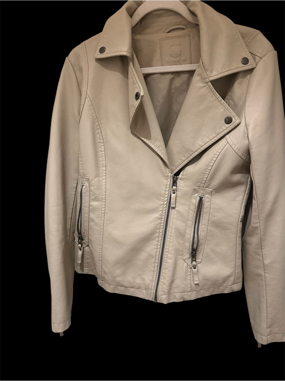 Beige Faux Leather Moto Jacket - Women
